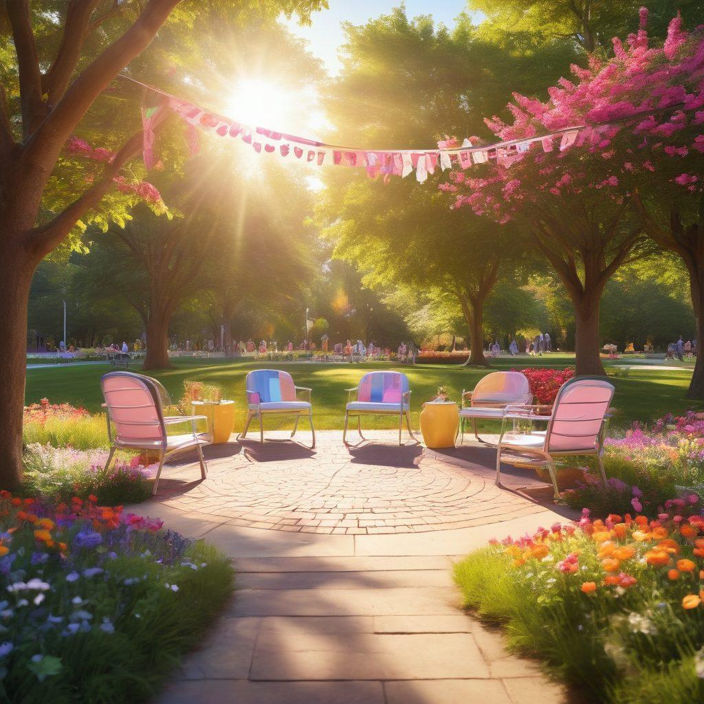 A warm and inviting scene depicting a diverse group of cancer survivors sharing stories and laughter in a sunny park, surrounded by colorful flowers and supportive signs. Include elements of solidarity, like ribbons and banners supporting cancer awareness, with an inviting circle of chairs symbolizing connection. The sun casts a gentle glow, creating an optimistic atmosphere. vibrant colors. nature-inspired. super-realistic.