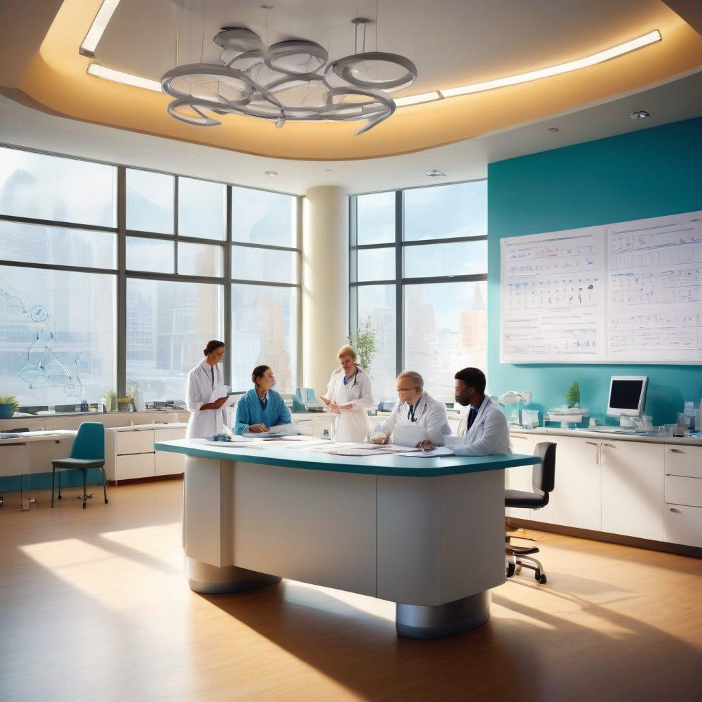 A modern oncology clinic with a diverse group of doctors discussing treatment options, surrounded by charts and research papers. The atmosphere is collaborative and filled with hope, with soft natural lighting filtering through large windows. Include visual elements like a DNA strand and medical instruments to symbolize research and innovation. super-realistic. vibrant colors. bright background.