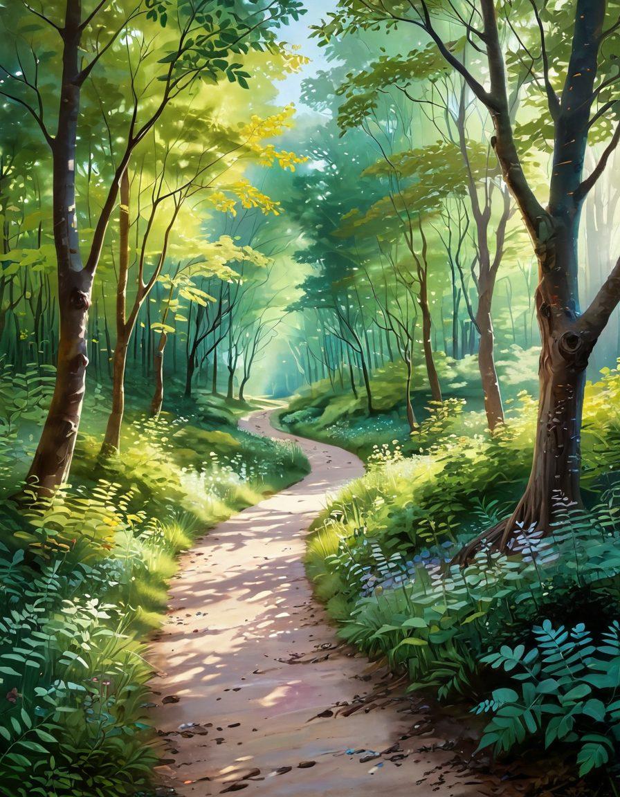 A serene landscape showing a pathway winding through a lush forest, symbolizing the cancer journey. Along the path, subtle markers represent milestones in treatment, with illustrations of oncology experts offering guidance. Gentle sunlight filters through the leaves, creating a hopeful and uplifting atmosphere. The foreground features supportive hands reaching out, symbolizing community and care. vibrant colors. soft focus. painting.